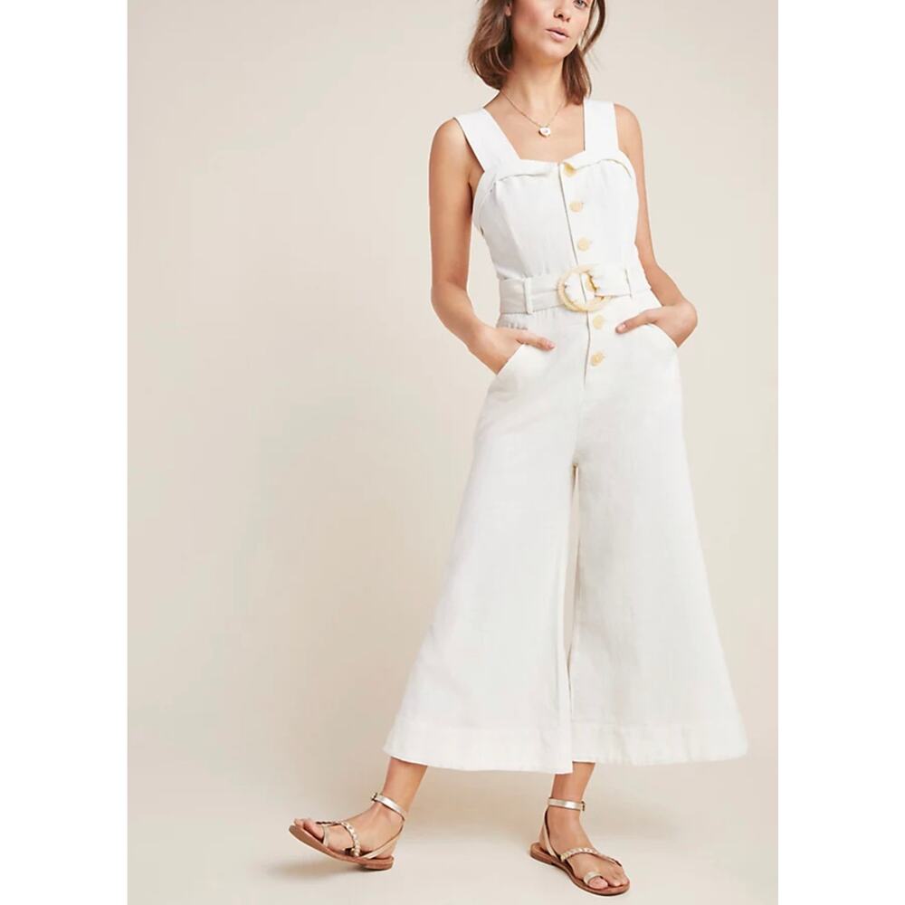 Anthropologie cream cape code‎ belted linen blend jumpsuit size 4